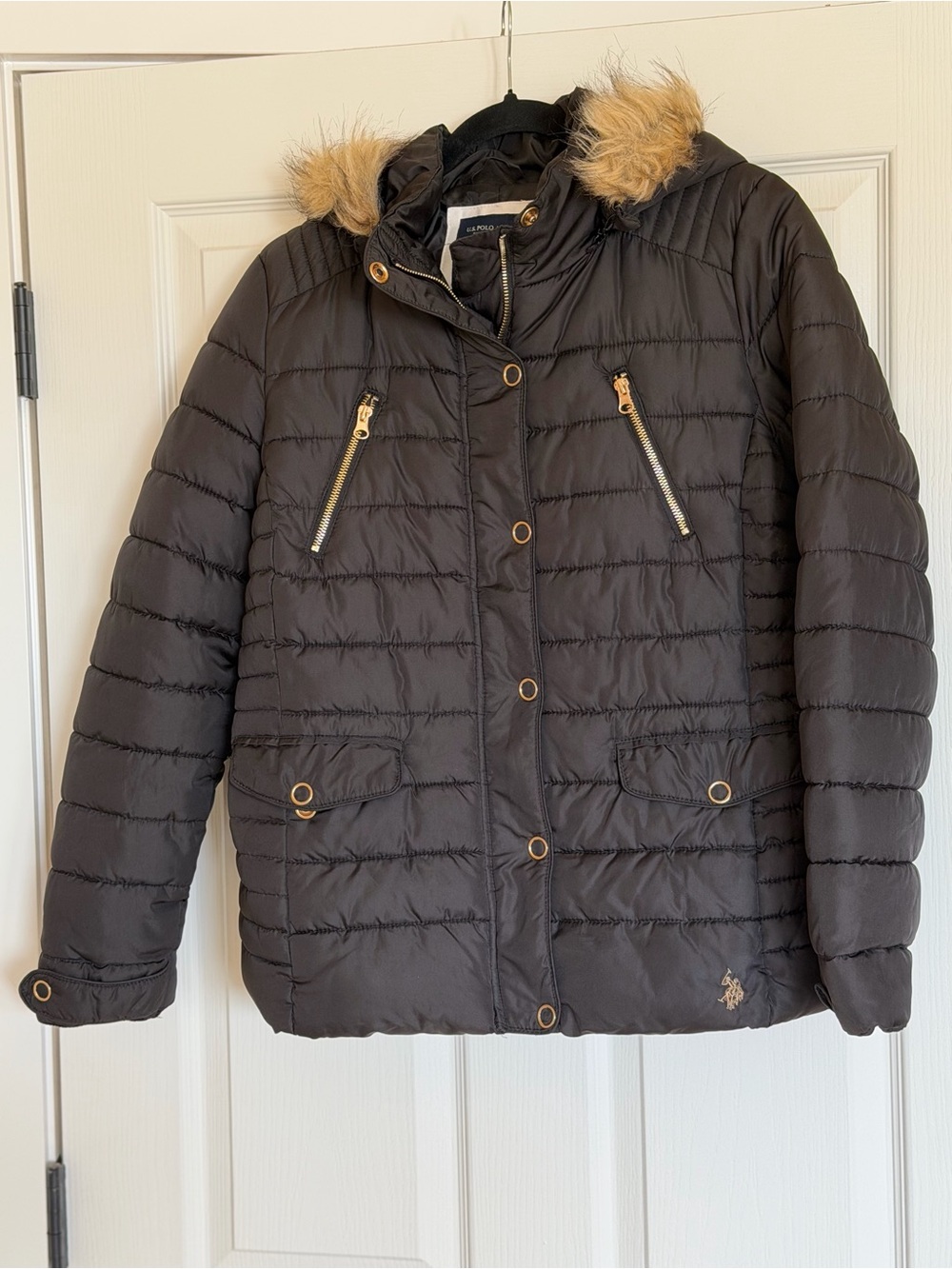 Girls Black Quilted Puffer Coat with Faux Fur Trim